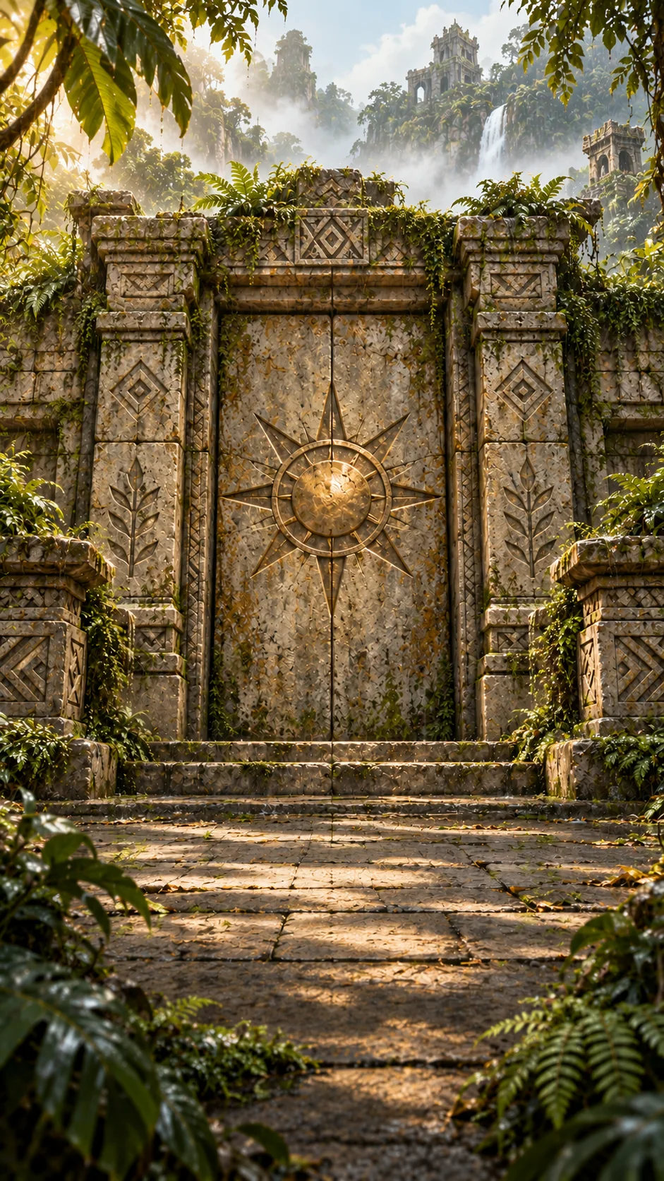 Warm sunlight falls on an overgrown stone temple entrance, surrounded by palms and jungle mist.
