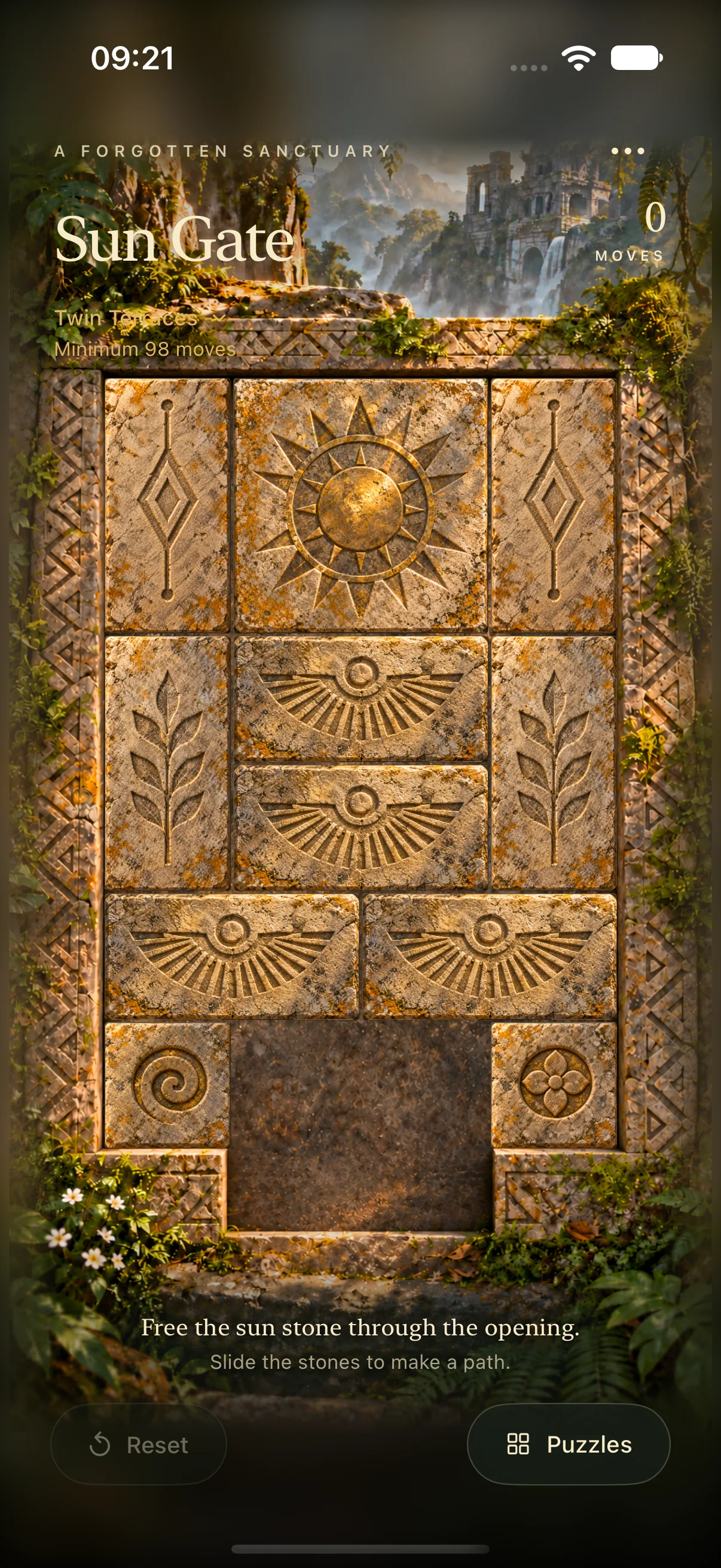 Twin Terraces on iPhone: the large sun stone sits in an eleven-stone puzzle on a taller board, above an opening at the bottom.