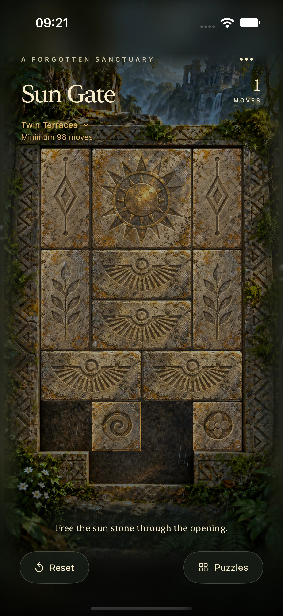 Actual iPhone gameplay after one move, with rain falling across the Twin Terraces puzzle.